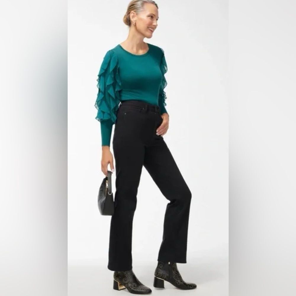 CHICO’s Peacock Spun Rayon Teal Ruffle Sleeve Sweater Size 2 (Large) EUC